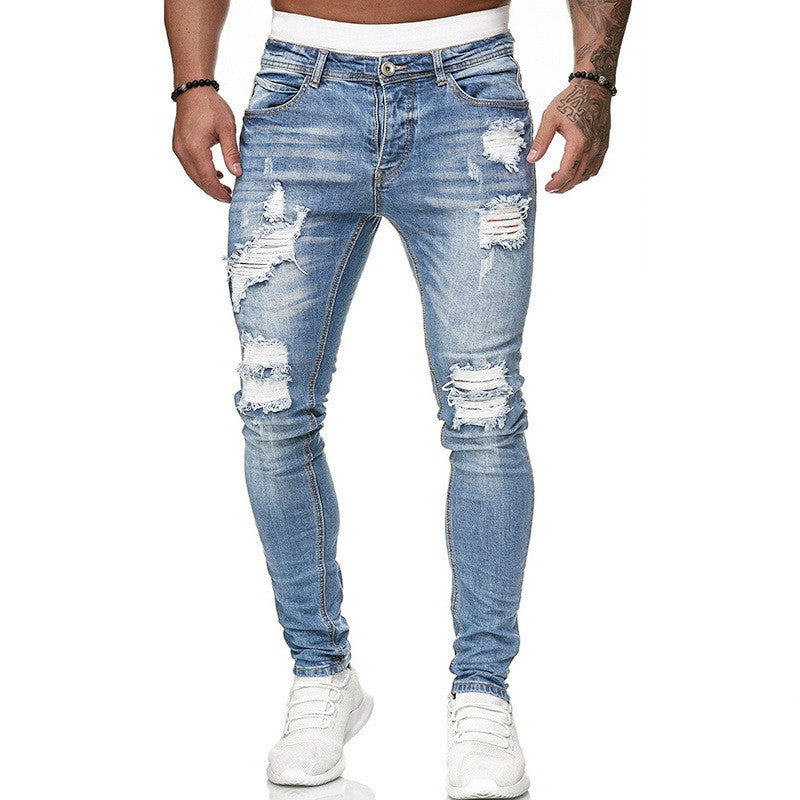 Fashion Street Style Ripped Skinny Jeans Men Vintage Wash Solid Denim Trouser Mens Casual Slim Fit Pencil Denim Pants