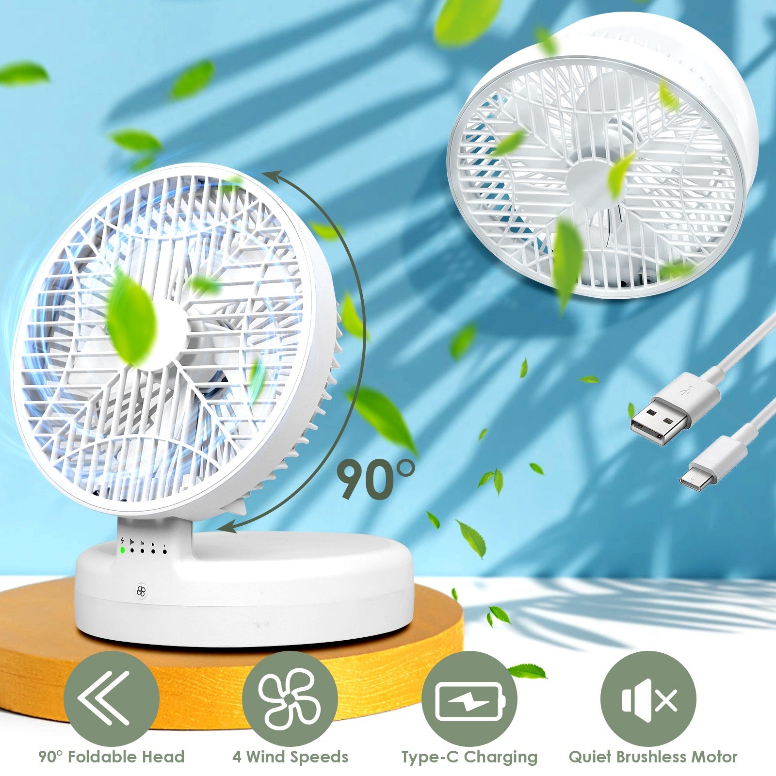 Quiet Table Fan 90 Degree Foldable Desk Fan With 4 Wind Speeds Type-C Rechargeable Wall-Mounted Fan Portable Desktop Fan For Home Bedroom Kitchen Office Outdoor Travel