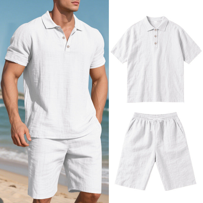Summer Men's Loose Casual Linen Breathable Short Beach Sleeve Shorts Suit