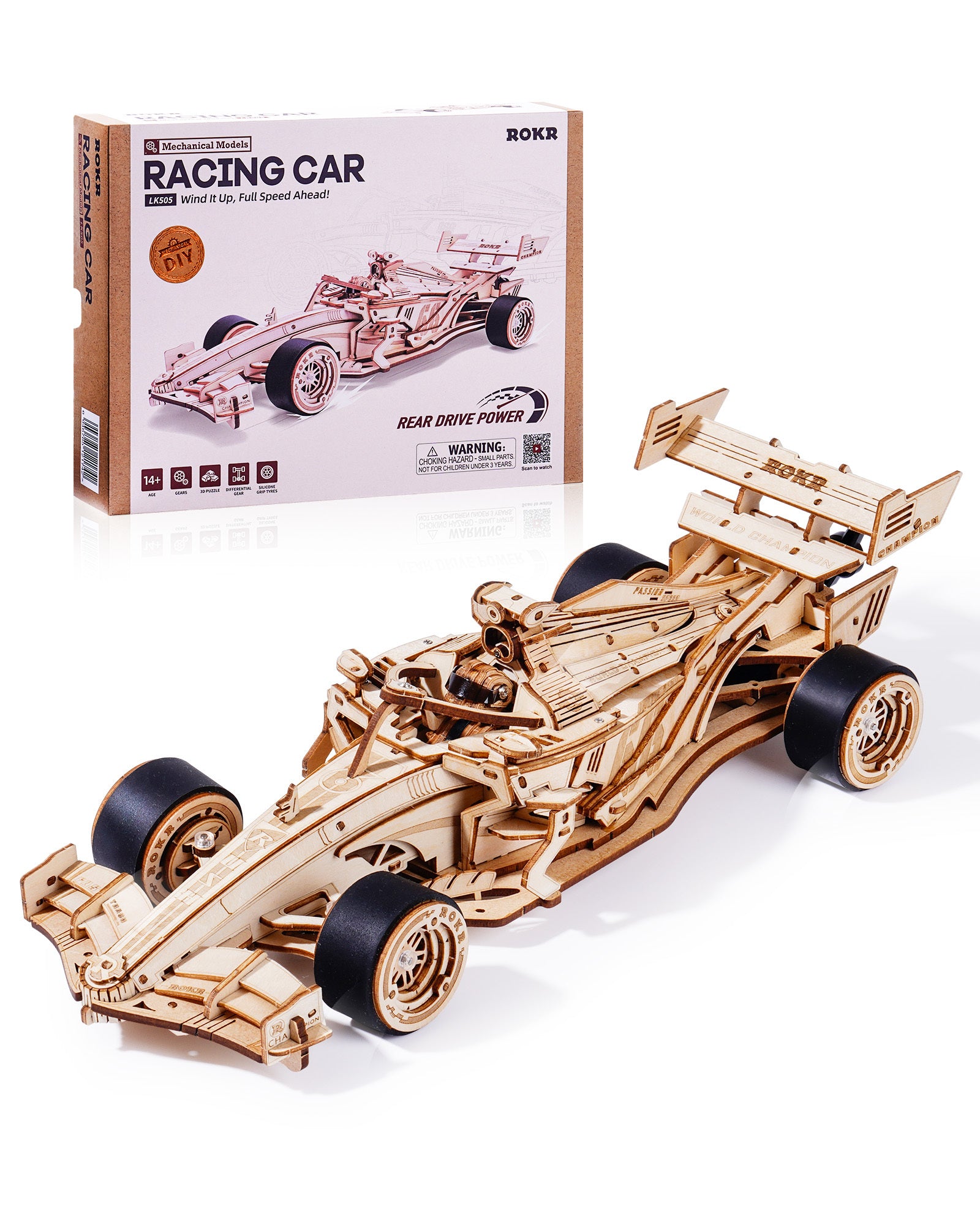 ROBOTIME 3D Wooden Puzzle Racing Car Model Kits With Mechanical Roaring Engine