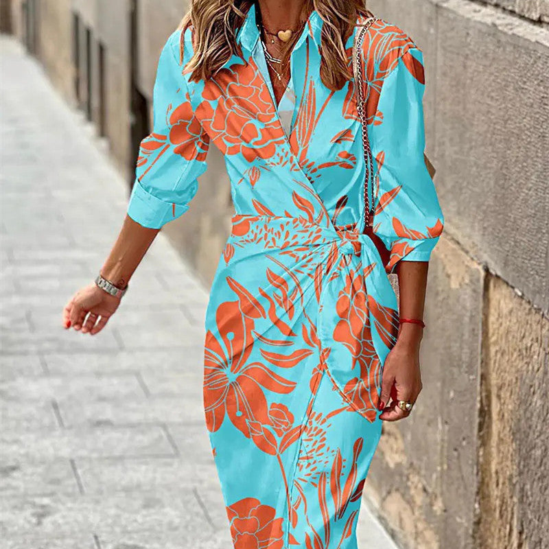 Fashion Printed Shirt Dress With Belt Slim Fit Three-quarter Sleeve Lapel Dress For Women Clothing