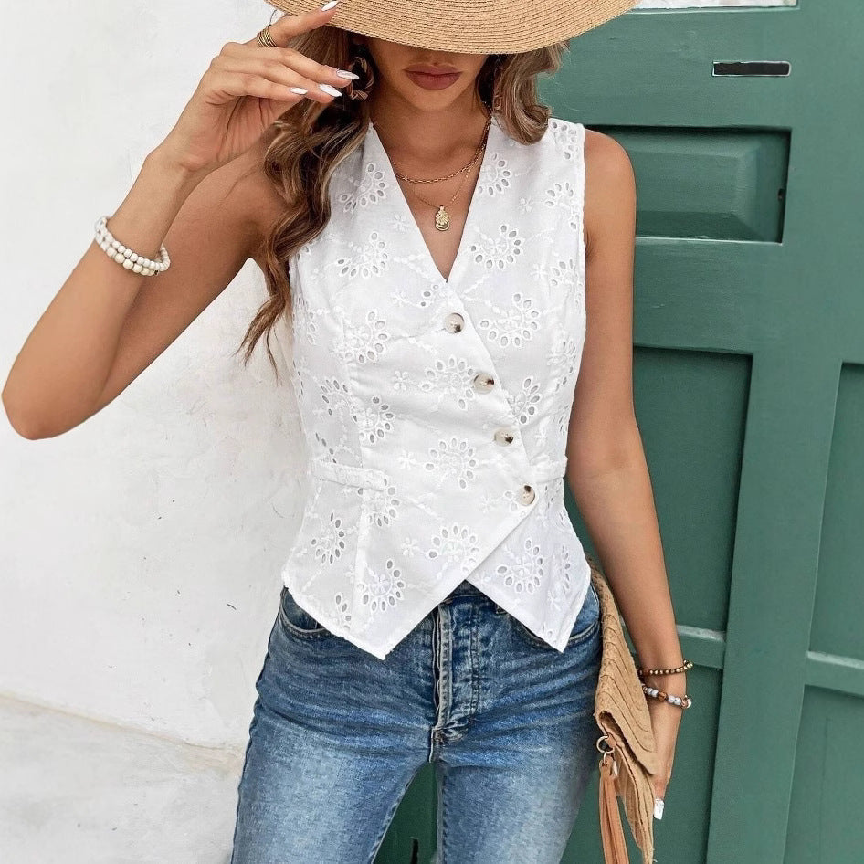 Solid Color And V-neck Button Cardigan Vest Temperament Crochet