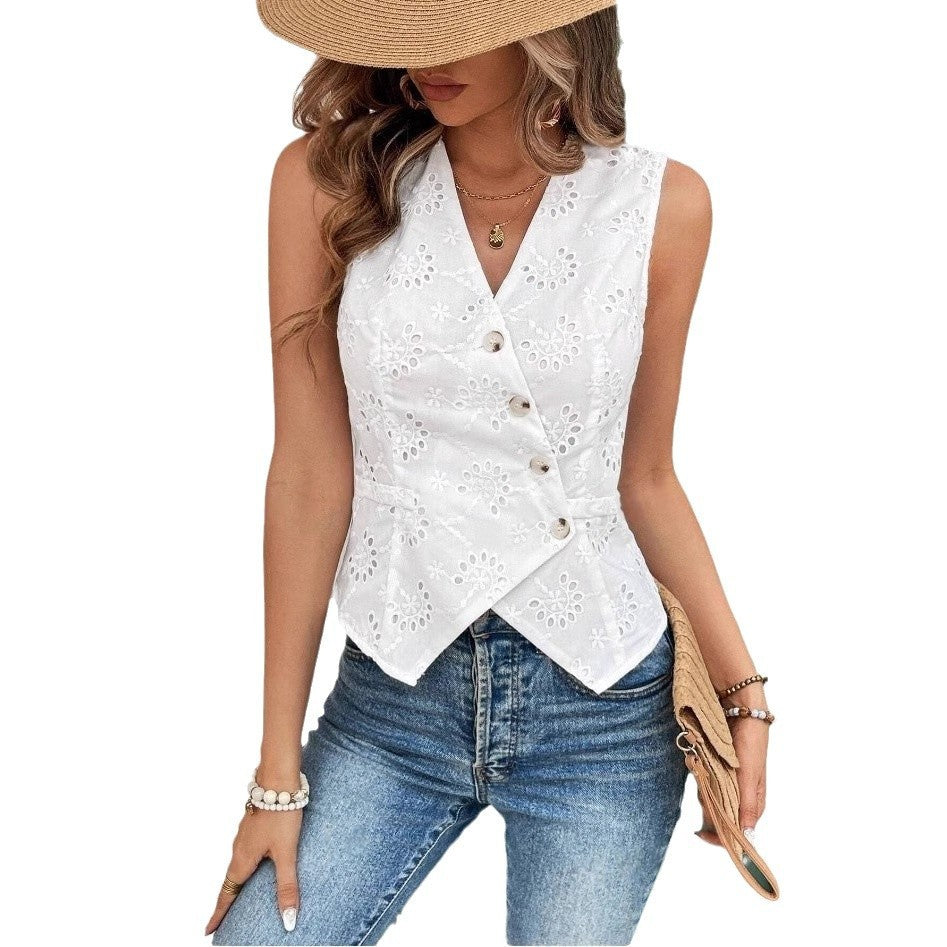 Solid Color And V-neck Button Cardigan Vest Temperament Crochet