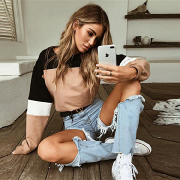 Lace Stitching Long-Sleeved Round Neck Sweater Women's Clothing