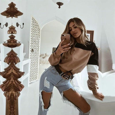 Lace Stitching Long-Sleeved Round Neck Sweater Women's Clothing