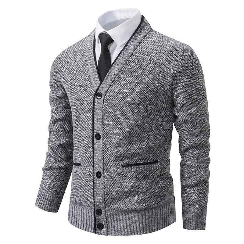 Casual Fleece-lined Cardigan Long Sleeve Youth Stand Collar Sweater Men's Cardigan Coat