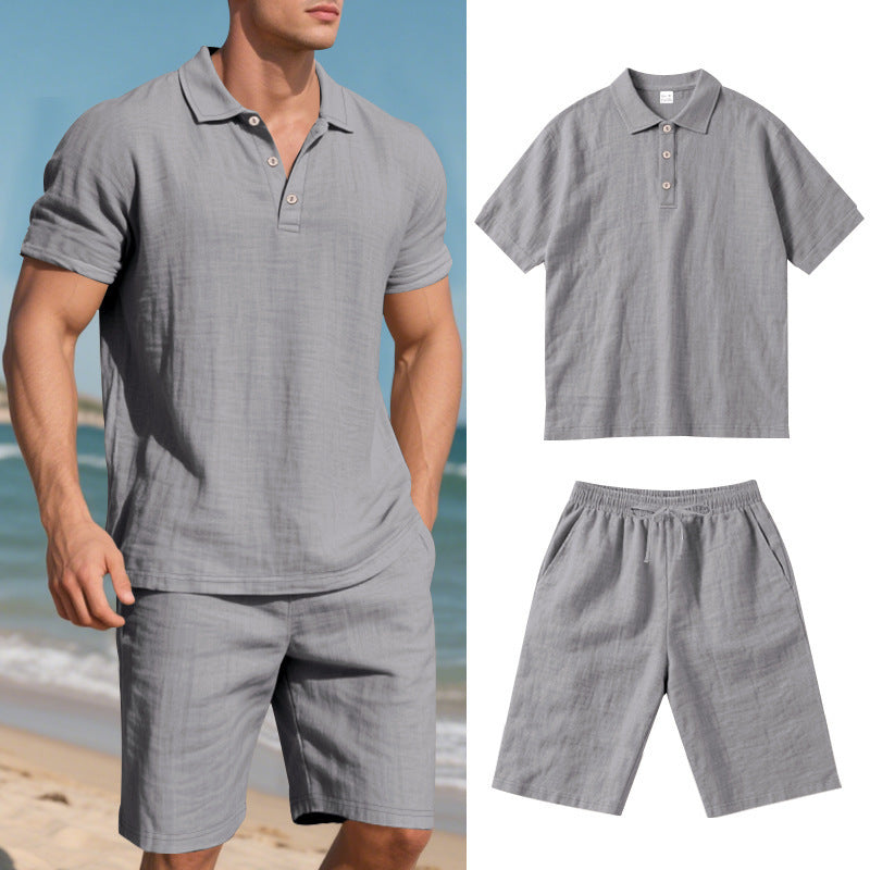 Summer Men's Loose Casual Linen Breathable Short Beach Sleeve Shorts Suit